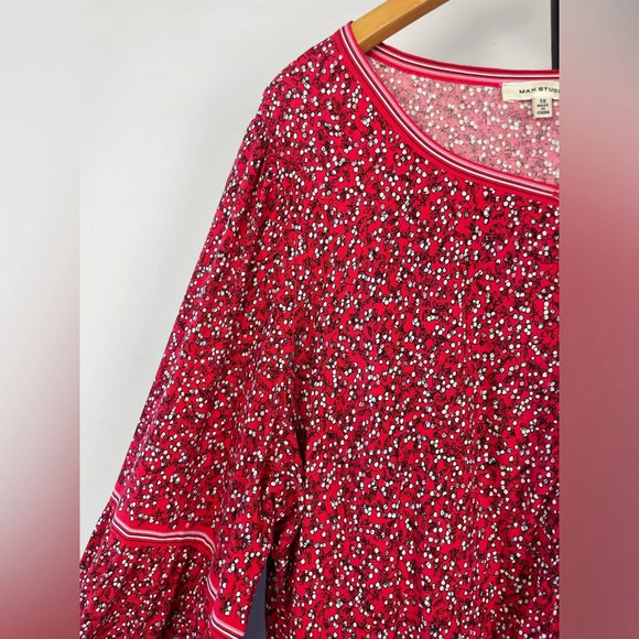 Max Studio Red Ditsy Cherry Print Peasant Style Loose Boho Balloon Sleeve Blouse - Picture 3 of 6